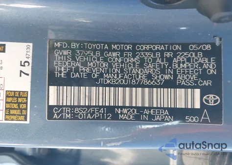 2008 Toyota Prius из США, поврежденный, VIN JTDKB20U187786637